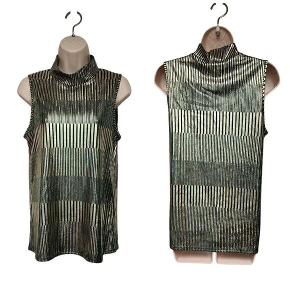 ESPRESSO LA Metallic Sleeveless Stand-Up Collar Tunic Top Gold & Green Size M - Picture 1 of 7
